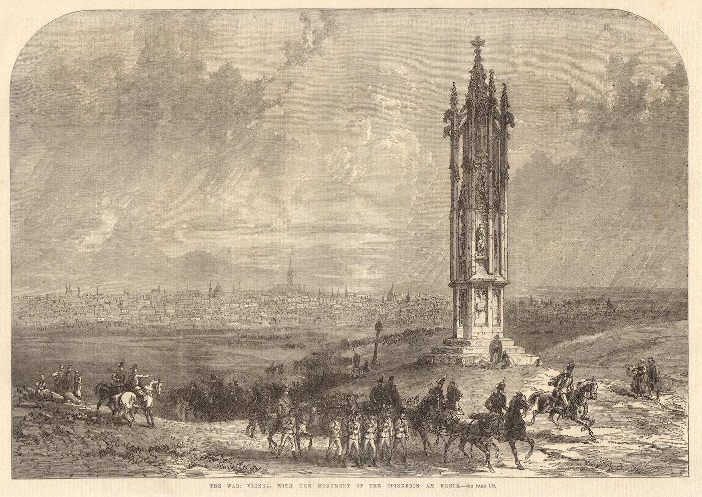 The war: Vienna, with the monument of the Spinnerin am Kreuz. Austria 1866